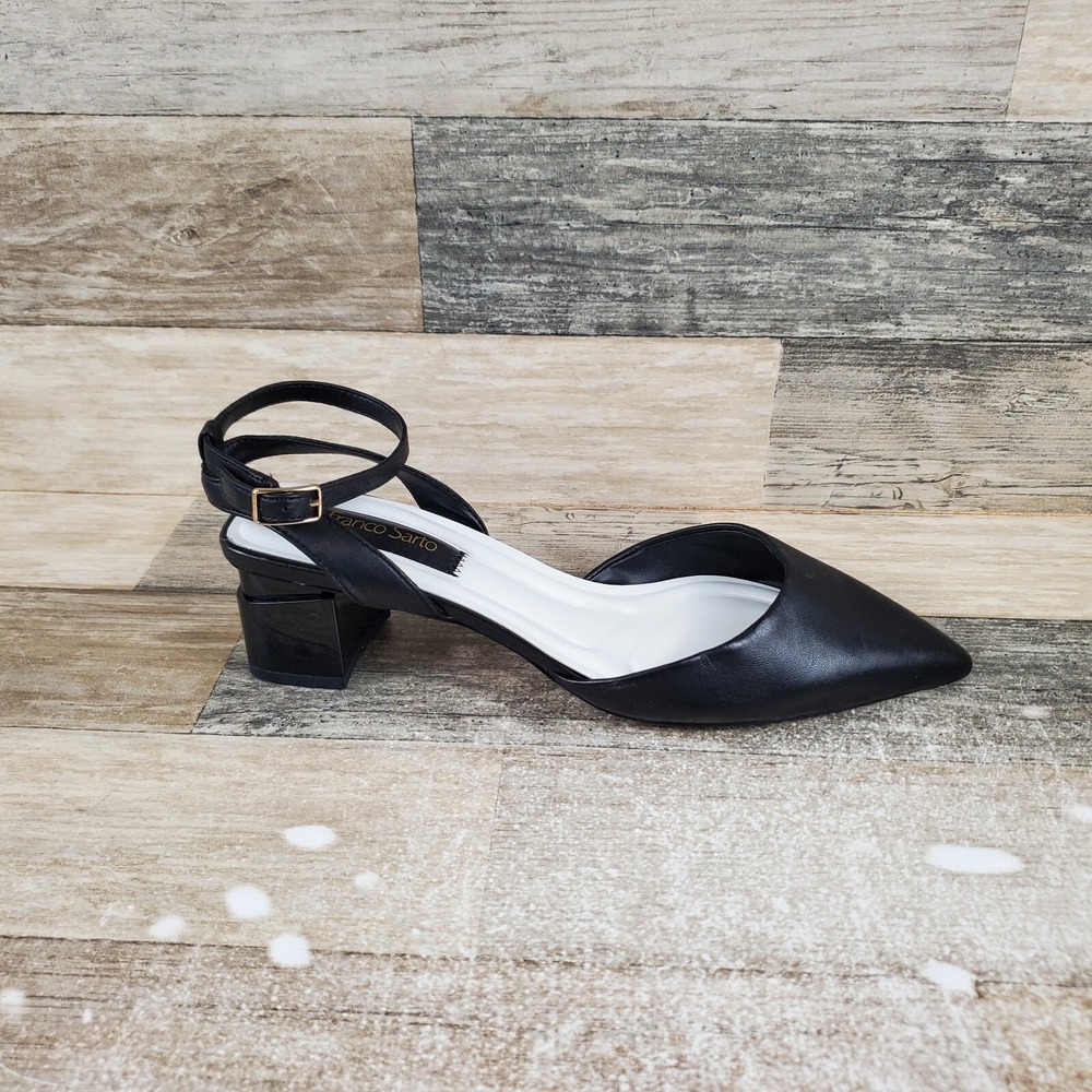 Franco Sarto Naya Womens Pumps Sz 6.5 Black Ankle Strap Pointed Toe Block Heels